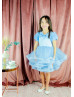 Short Sleeves Blue Satin Tulle Flower Girl Dress Short Sleeves Blue Satin Tulle Flower Girl Dress